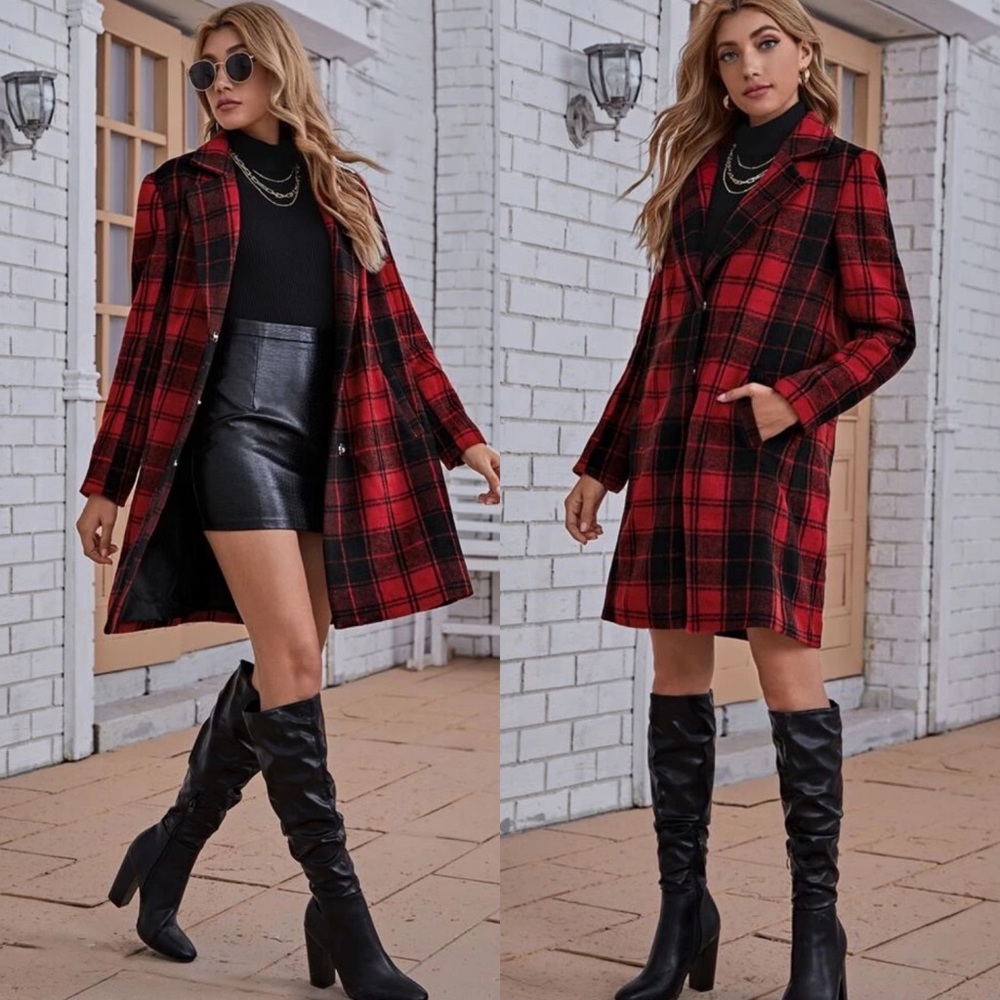 Plaid red long pea trenchcoat preppy woolmix - Picture 2 of 3